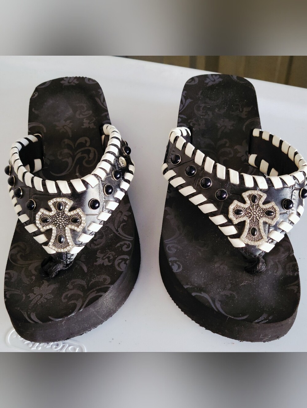 Montana West Black and White Cross Embellished Women's Sandals